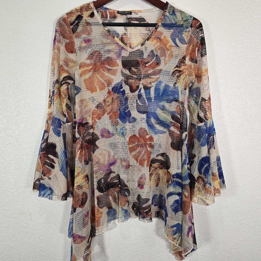 Dor Dor Couture Floral Mesh Tunic Women S Bell Sleeve Top Lagenlook Boho Hippie